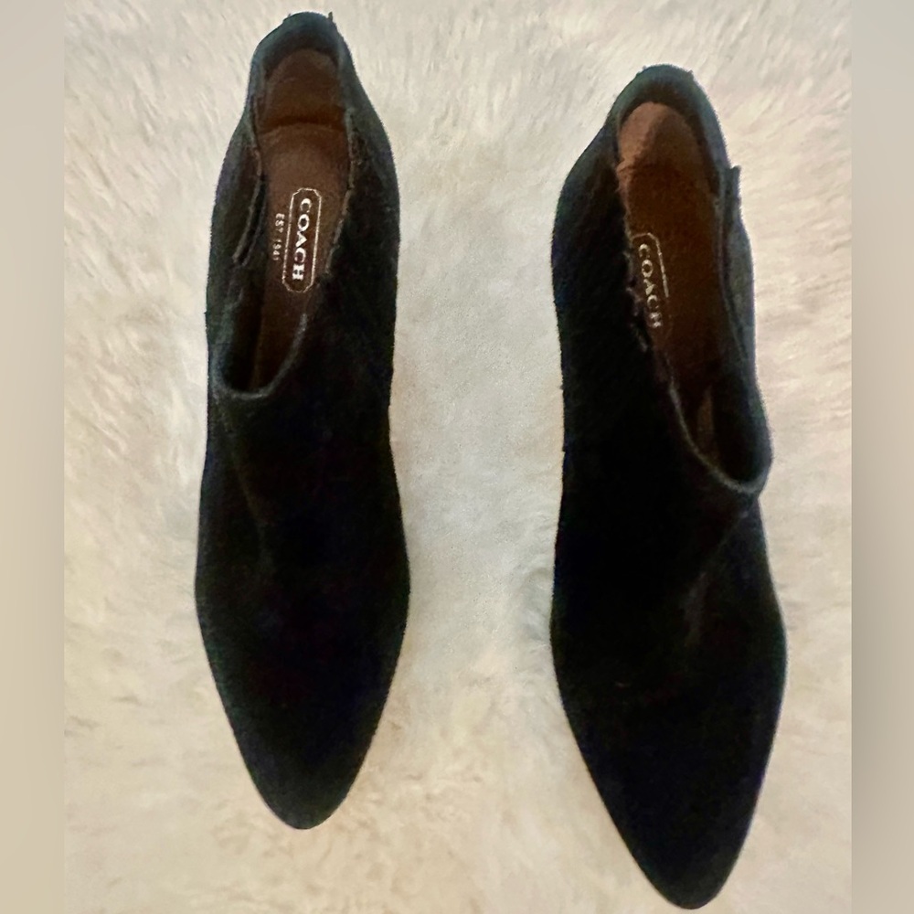 COACH Dovelyn Booties Black Suede Tortoise Spike Heel Pull On Shoes Womens 9B